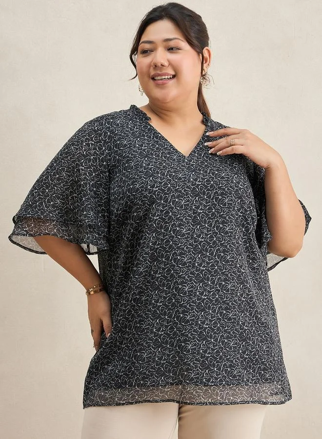 Femmella Plus Size Black Floral Print Tunic Top